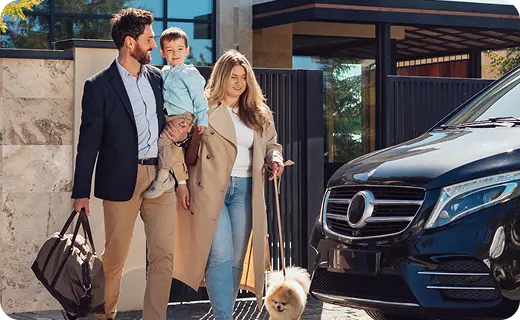 Family with child and pet boarding Mercedes Sprinter for Florida group ride